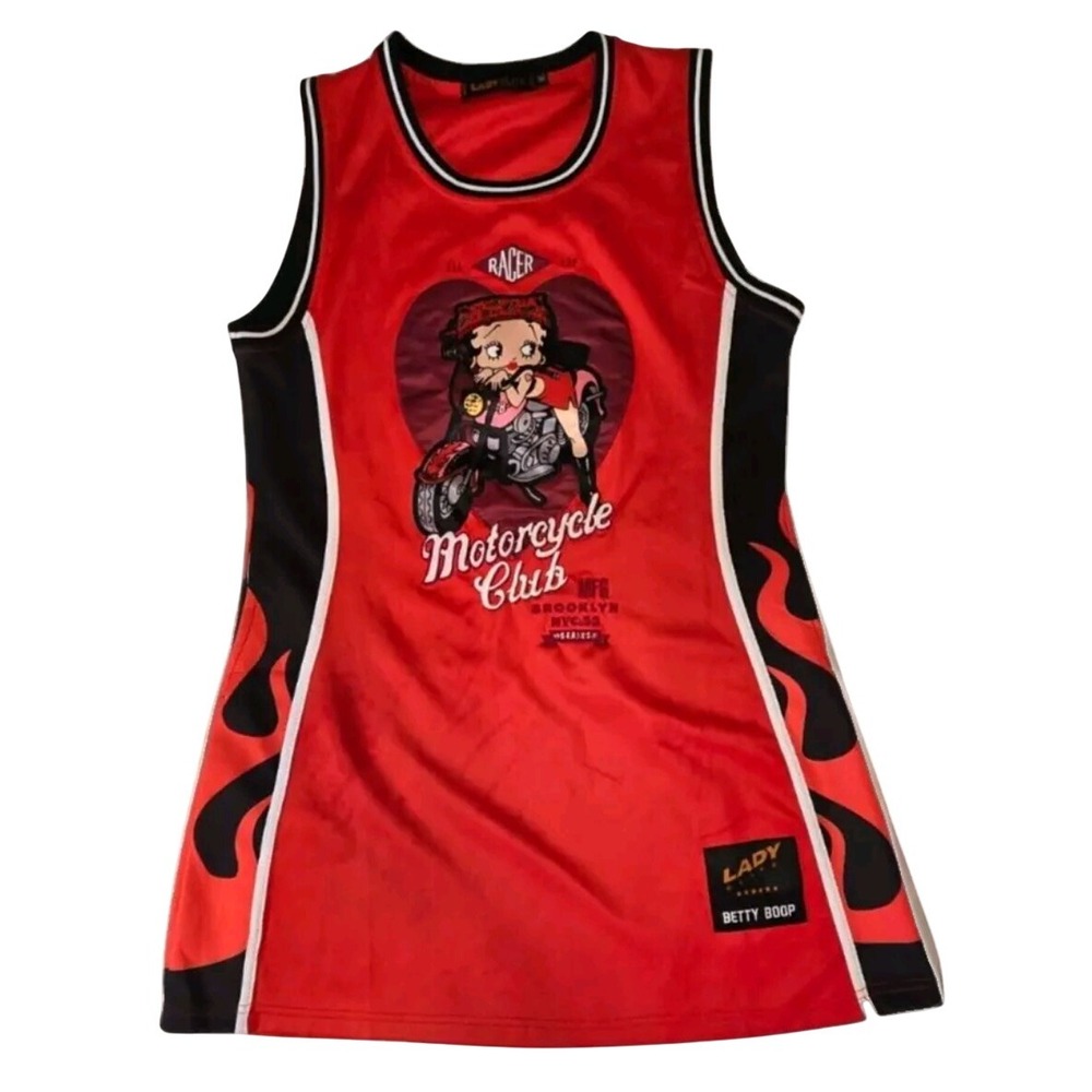 Betty Boop Racer Motorcycle Club Flame Mini Dress/ Tunic Lady Elite XL Red Black - Picture 2 of 11
